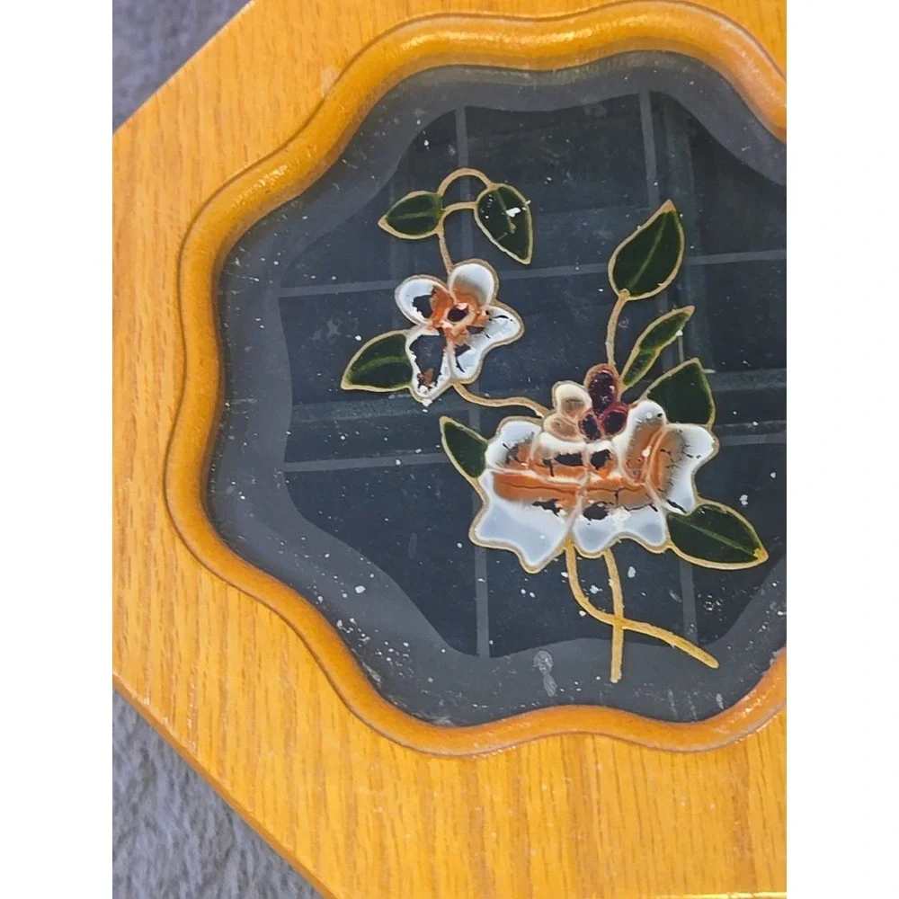 VTG Wooden Octagon Jewelry Box Floral Etched Glass Lid Mirror Inset Small‎ 70s